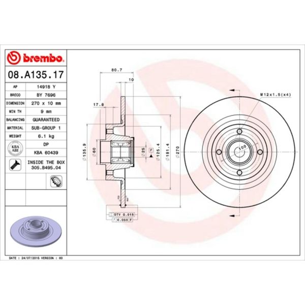 Brembo 08.A135.17 Brake Disc Rotor Pair