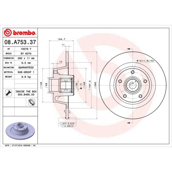 Brembo 08.A753.37 Brake Disc Rotor Pair