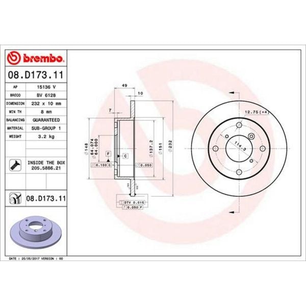 Brembo 08.D173.11 Brake Disc Rotor Pair