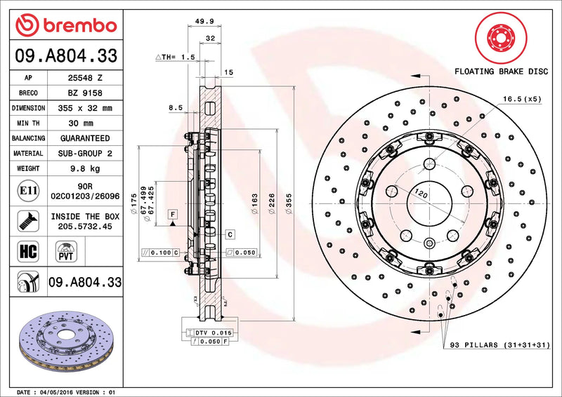 Brembo 09.A804.33 Brake Disc Rotor Pair Front 355mm