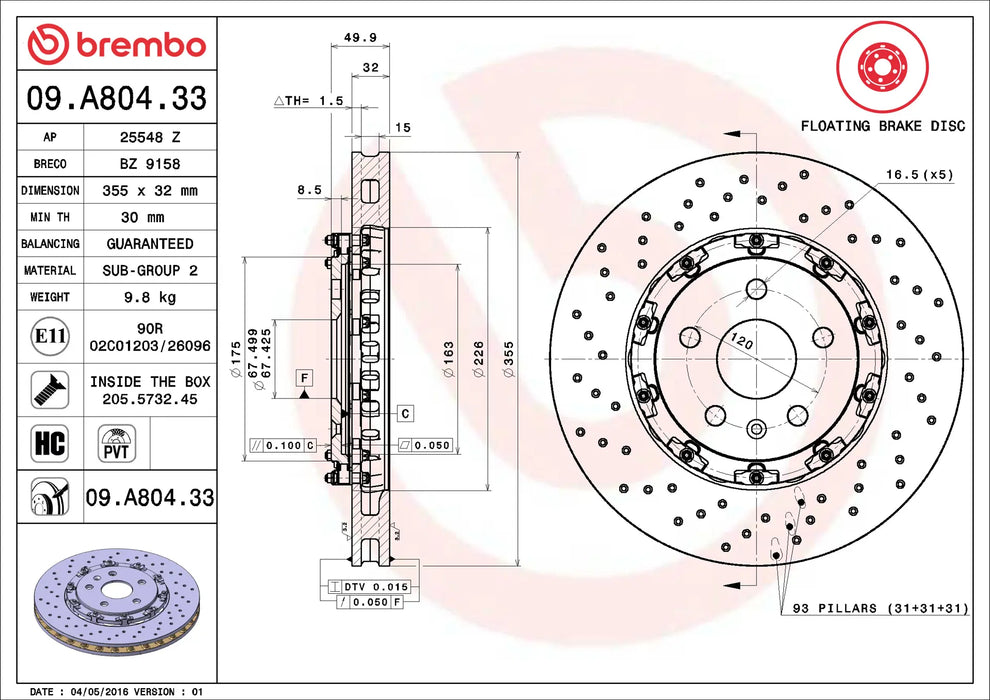 Brembo 09.A804.33 Brake Disc Rotor Pair Front 355mm