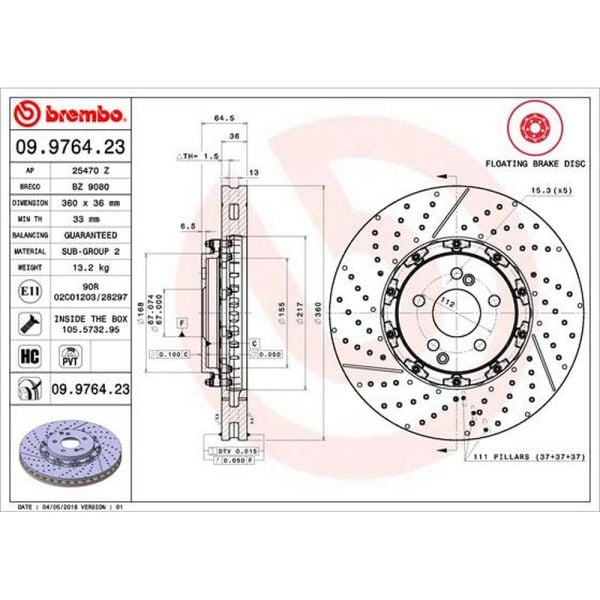 Brembo 09.9764.23 Brake Disc Rotor Pair