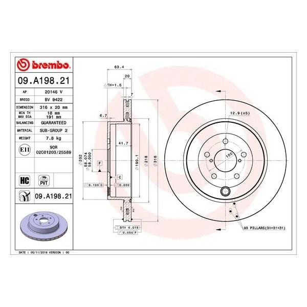 Brembo 09.A198.21 Brake Disc Rotor Pair