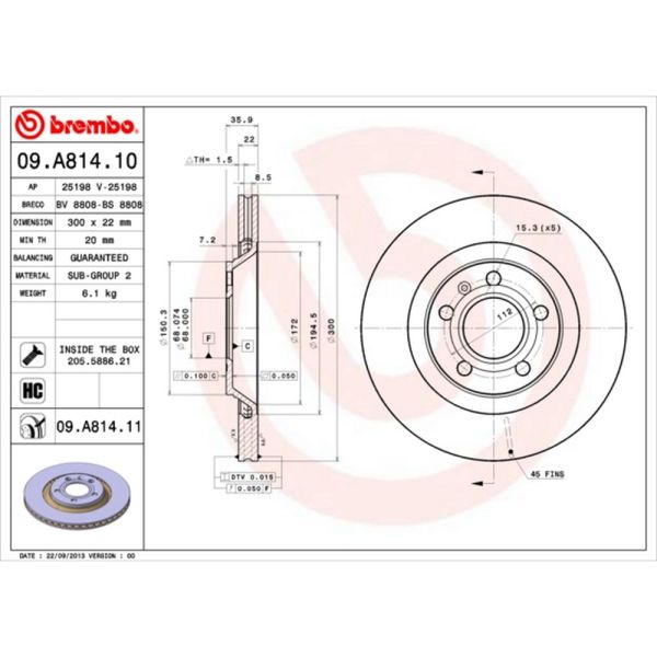 Brembo 09.A814.11 Brake Disc Rotor Pair