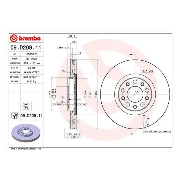 Brembo 09.D209.11 Brake Disc Rotor Pair