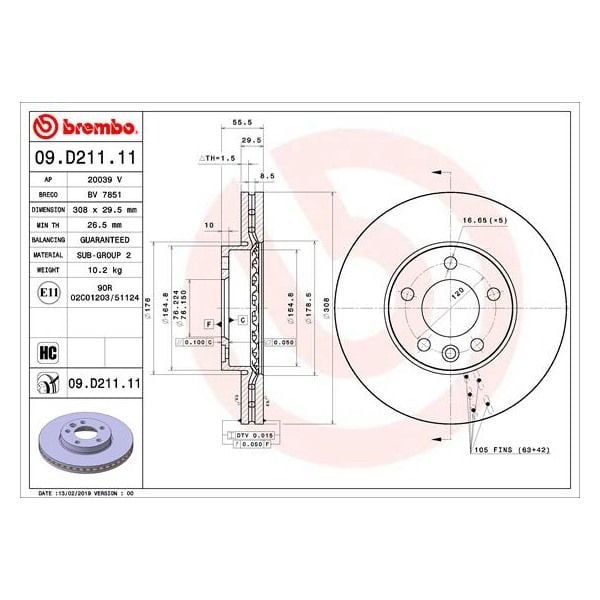Brembo 09.D211.11 Brake Disc Rotor Pair Front