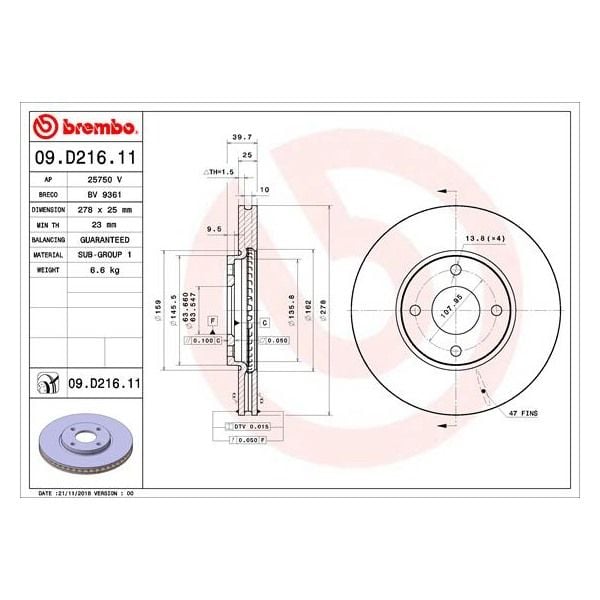 Brembo 09.D216.11 Brake Disc Rotor Pair