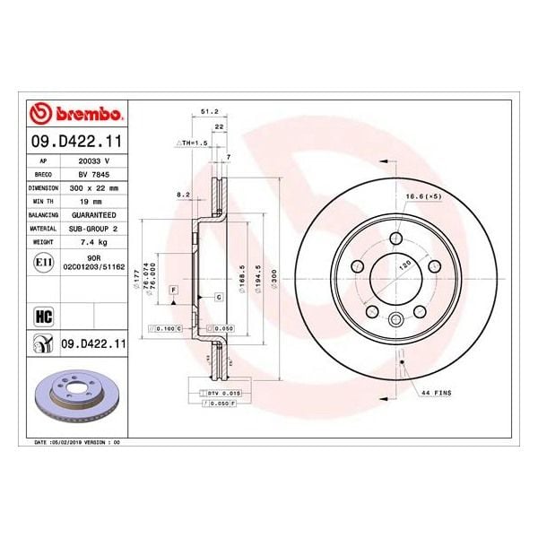 Brembo 09.D422.11 Brake Disc Rotor Pair Rear
