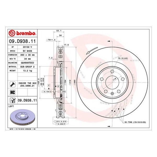 Brembo 09.D938.11 Single Brake Disc Rotor Front Left