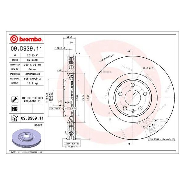 Brembo 09.D939.11 Single Brake Disc Rotor Front Right