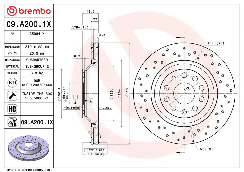 Brembo 09.A200.1X XTRA Series Brake Disc Rotor Pair Rear 310mm