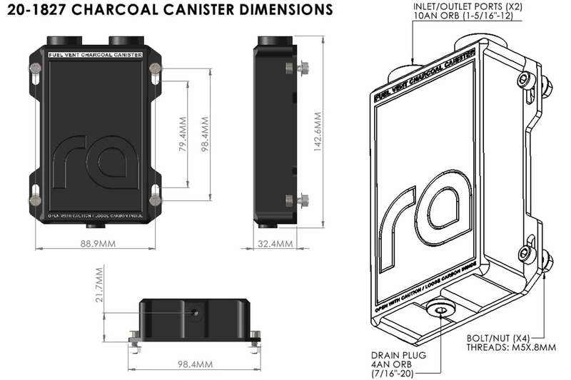 Radium Engineering Radium Engineering Compact Fuel Vent Charcoal Canister - Universal, product image, part 20-1827-00