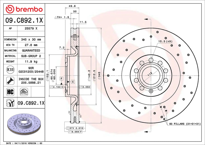 Brembo 09.C892.1X XTRA Series Brake Disc Rotor Pair Front 345mm