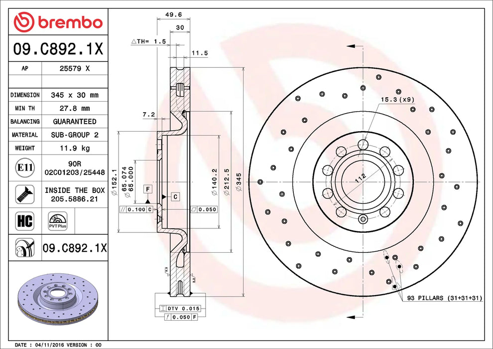 Brembo 09.C892.1X XTRA Series Brake Disc Rotor Pair Front 345mm