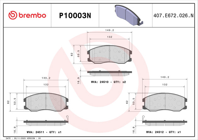 Brembo P10003N Ceramic NAO Series Brake Pads