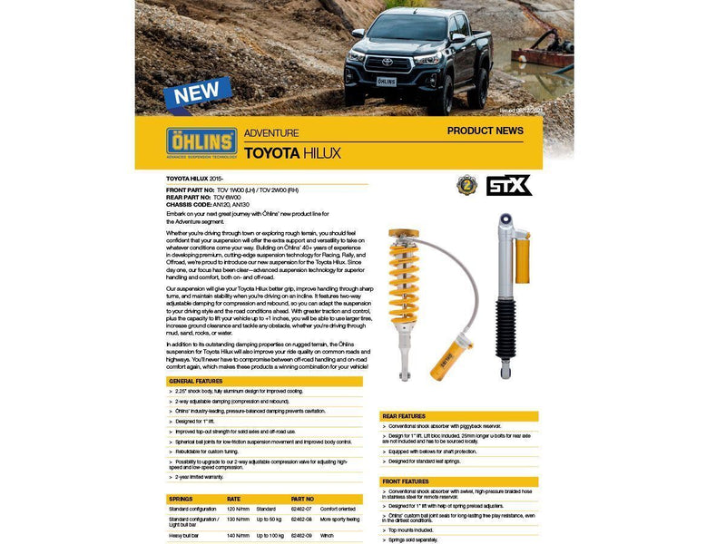 Ohlins Adventure 2 Way adjustable shocks Toyota Hilux 2015-22 AN120/AN130