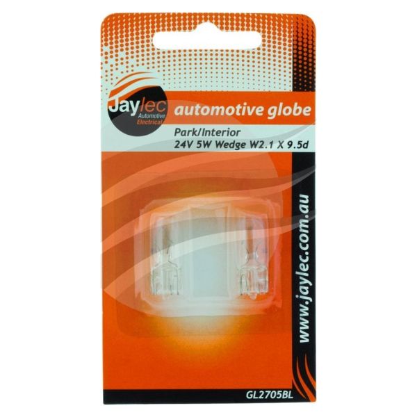Jaylec GL2705BL Wedge Globe W2.1X9.5D 24V 5W W5W Base Blister Pack